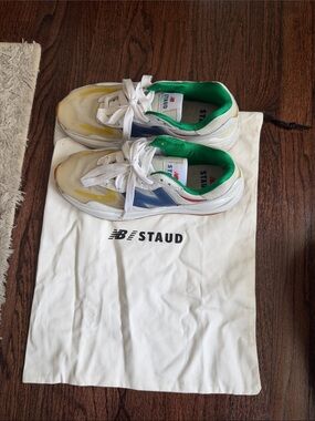 STAUD White Sneakers with Blue, Green and Yellow Accents
